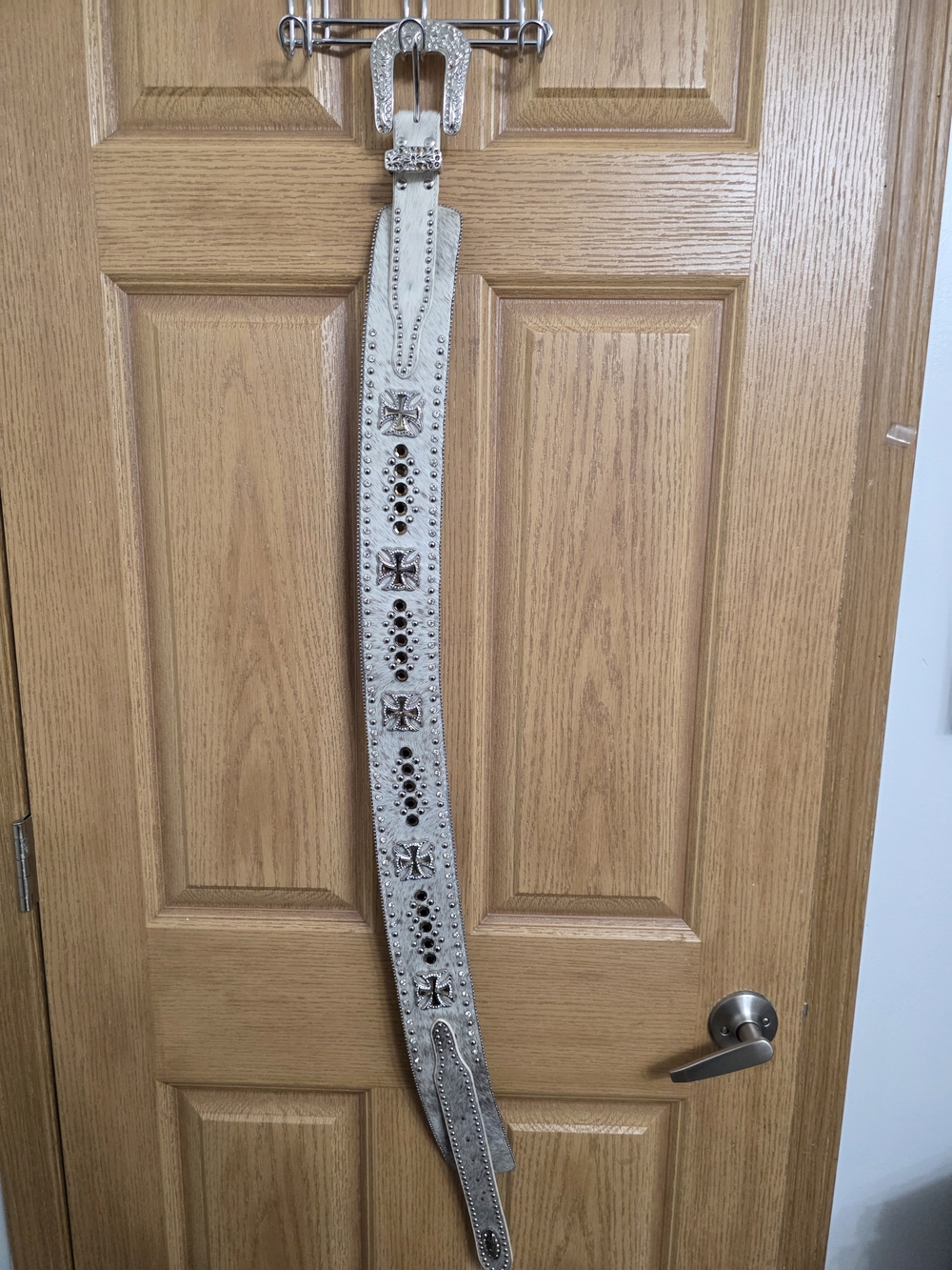 Decorative Studded Leather Belt - White Hair On Hide